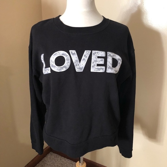 Betsey Johnson Lace “Loved” Black Sweatshirt Sz M - Picture 2 of 6